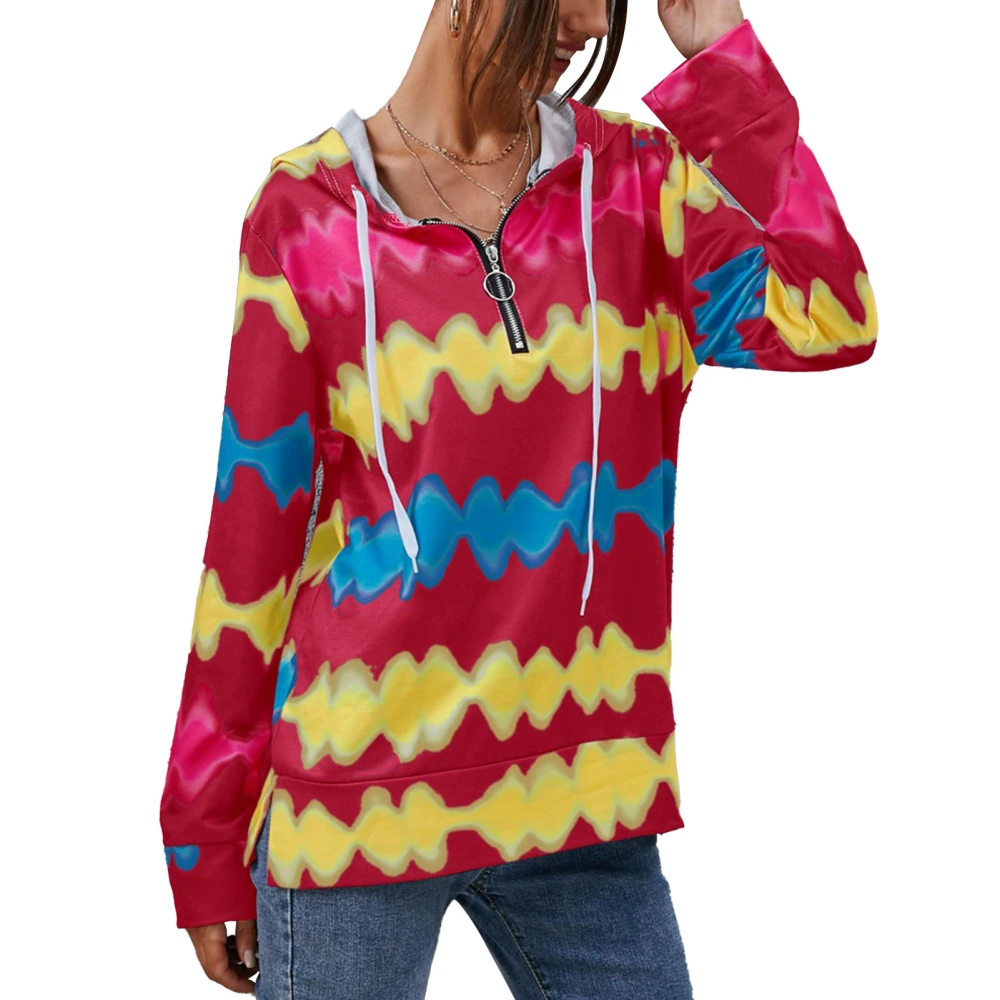 Women Hoodie Colour Wave Printing Drawstring Neckline Zipper Design Casual Hooded Hoodie Red L