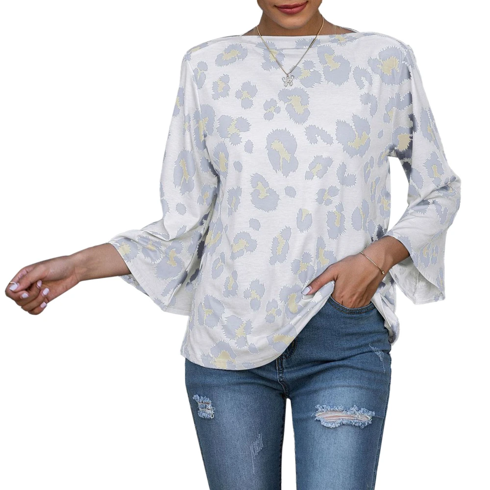 Bell Sleeve Blouse Casual Leopard Print Elegant Loose Fit Round Neck Loose Tops Blouses White S