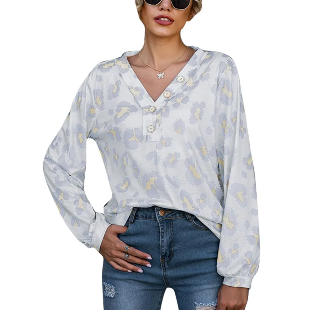 Women Shirt Long Sleeve Leopard Print V Neck Pullover Buttons Decoration Loose Elegant Women Top White XL