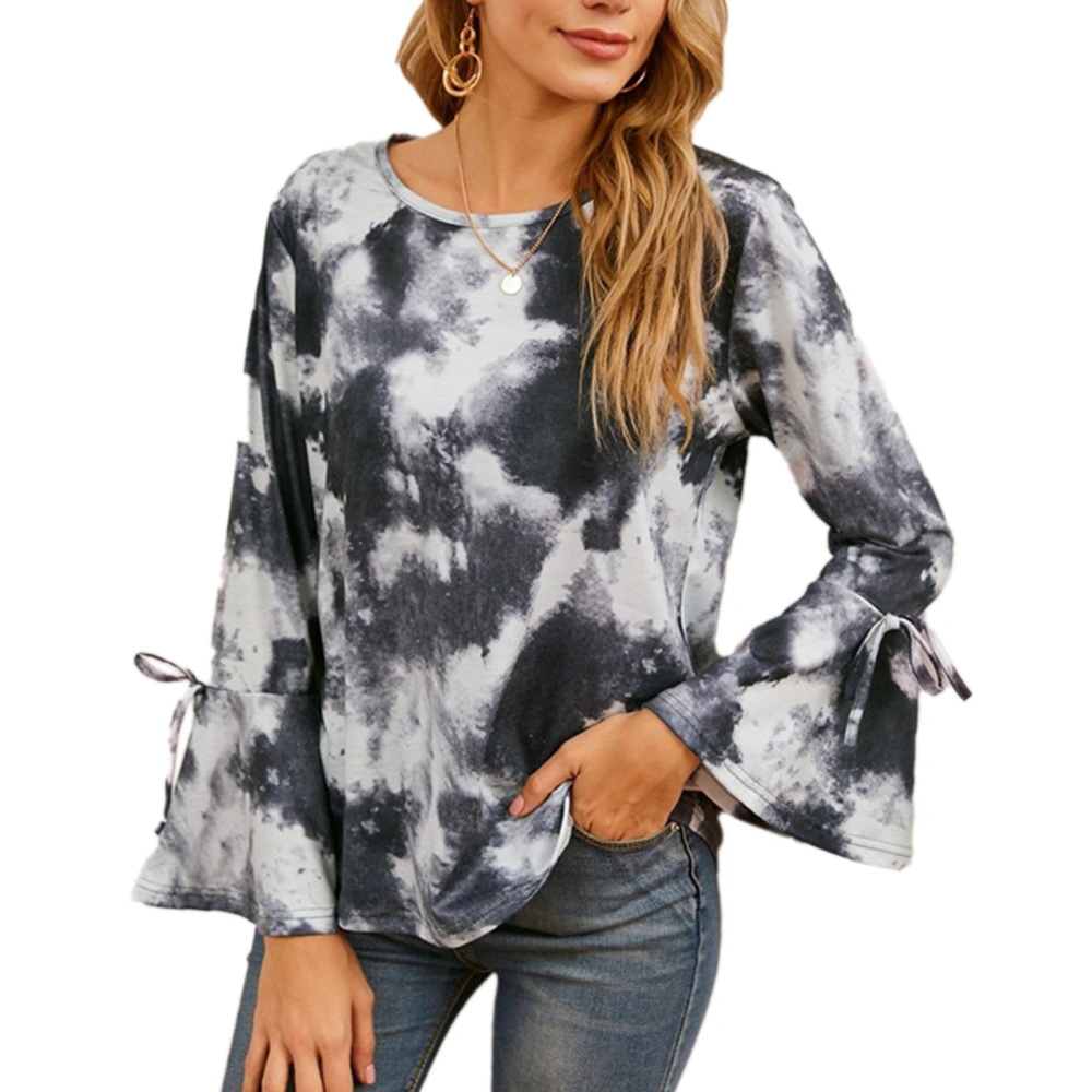 Women Tie Dye Print Crew Neck Top Long Mandarin Sleeve Bowknot Trim Casual for Date Work Daily Black L