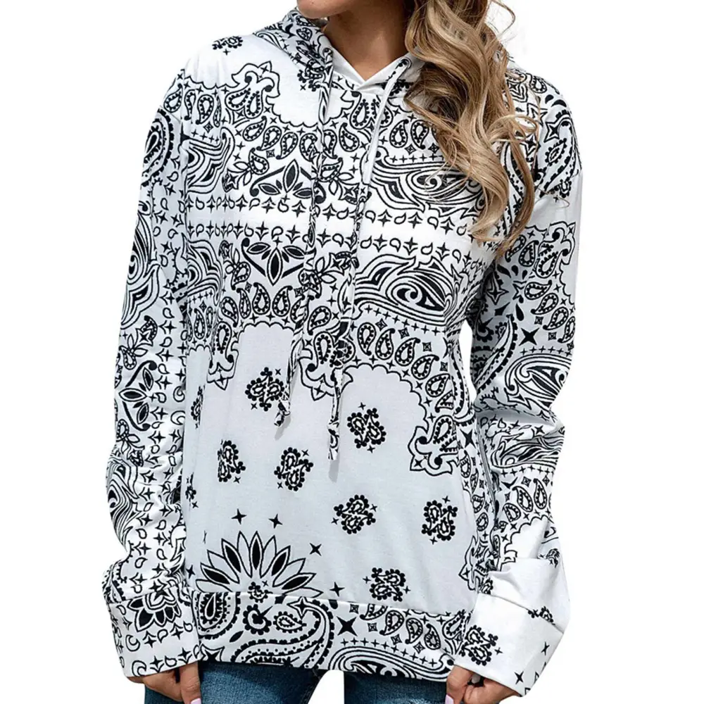 Hoodie Long Sleeve Print Drawstring Hooded Casual Fashionable Wool Tops for Women White XL