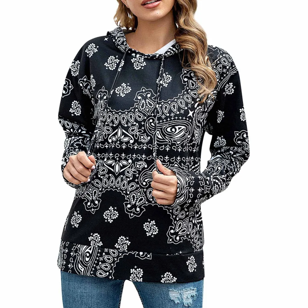 Hoodie Long Sleeve Print Drawstring Hooded Casual Fashionable Wool Tops for Women Black XXL