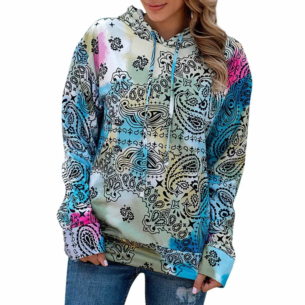 Hoodie Long Sleeve Print Drawstring Hooded Casual Fashionable Wool Tops for Women Colorful L