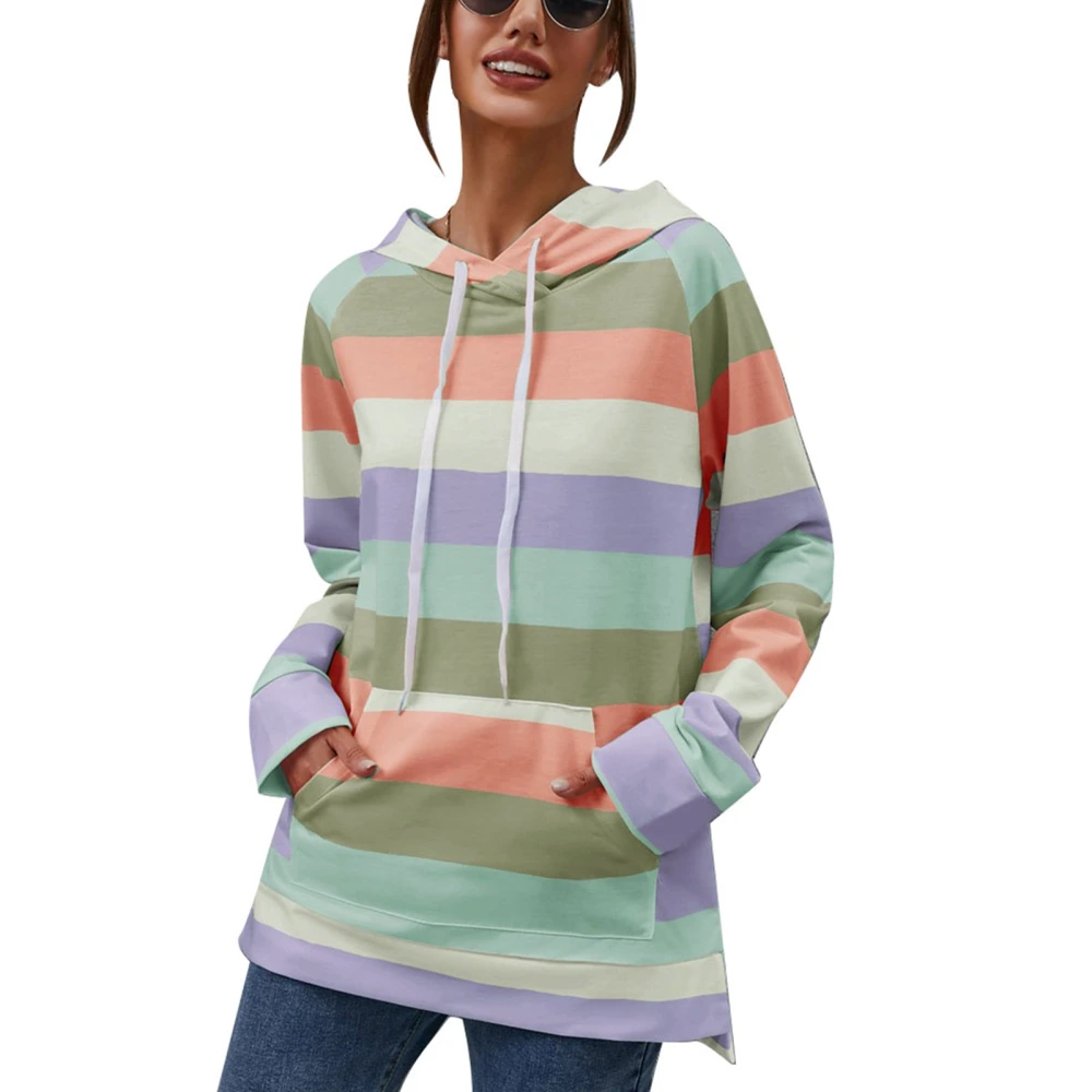 Women Rainbow Striped Long Sleeve Drawstring Hooded Sweatshirt Color Block Pullover Tops with Pocket for Autumn Winter Type 2 XL