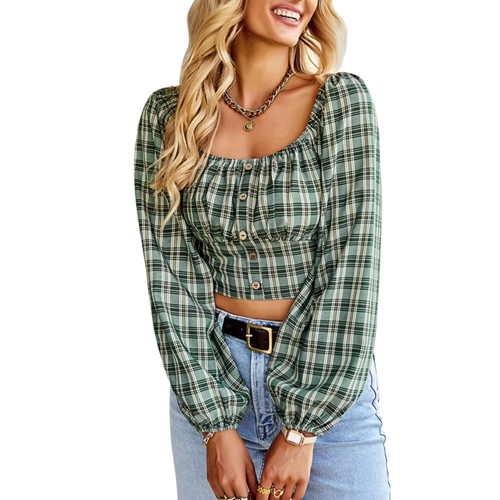 Plaid Crop Top Puff Sleeve Elastic Cuffs French Quadrate Collar Long Sleeve Crop Blouse Casual Plaid Blouse for Daily Life Green M