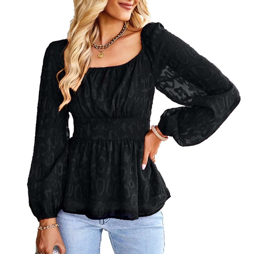 Women Lantern Long Sleeve Top Wide Neck Backless Casual Shirt with Loose Hem for All Seasons Black L