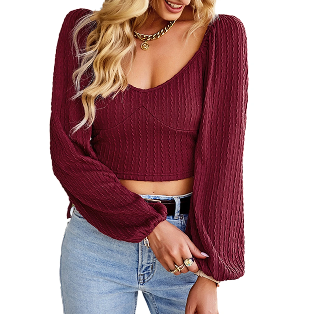 Women Low Cut Crop Top Long Loose Sleeves Open Back Early Autumn Top Sweet Cute Skin Friendly Crop Shirt for Daily Wear Wine Red M