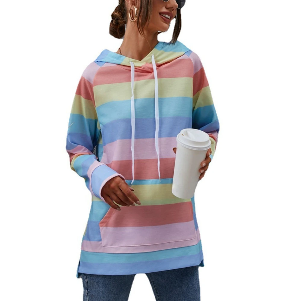 Women Rainbow Striped Long Sleeve Drawstring Hooded Sweatshirt Color Block Pullover Tops with Pocket for Autumn Winter Type 1 3XL