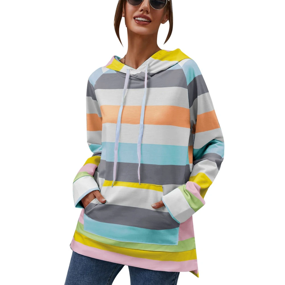 Women Rainbow Striped Long Sleeve Drawstring Hooded Sweatshirt Color Block Pullover Tops with Pocket for Autumn Winter Type 3 XL