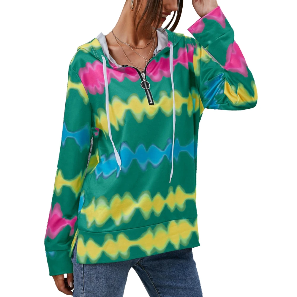 Women Hoodie Colour Wave Printing Drawstring Neckline Zipper Design Casual Hooded Hoodie Green S