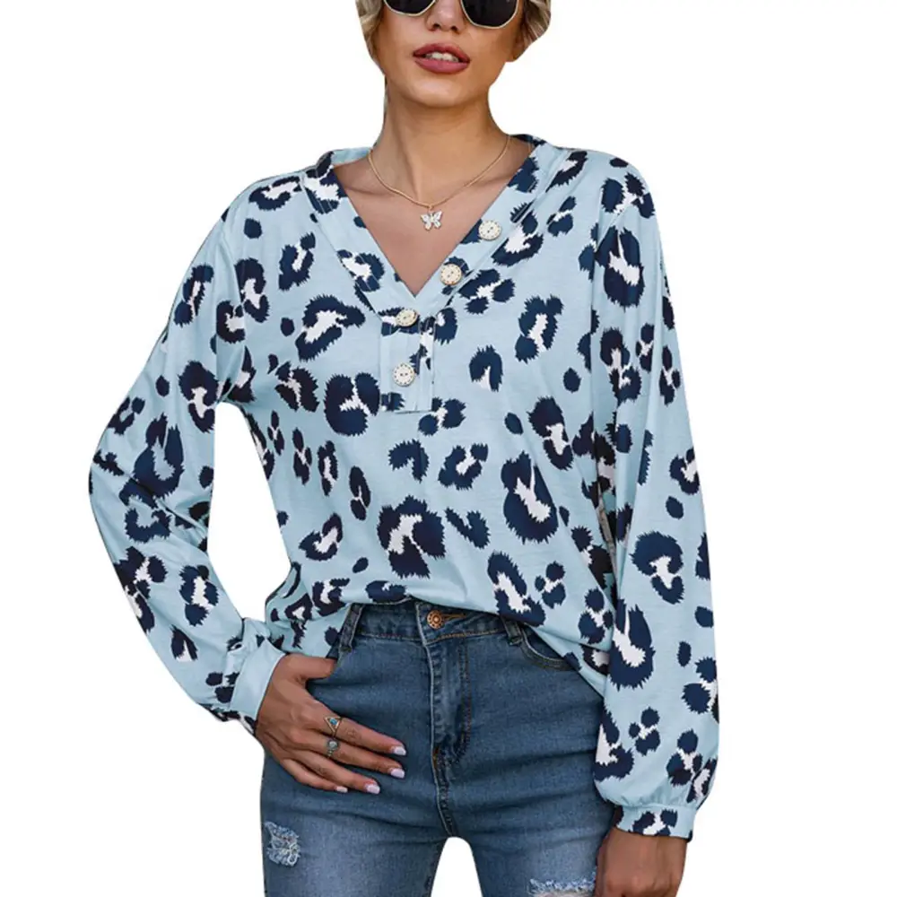 Women Shirt Long Sleeve Leopard Print V Neck Pullover Buttons Decoration Loose Elegant Women Top Blue L