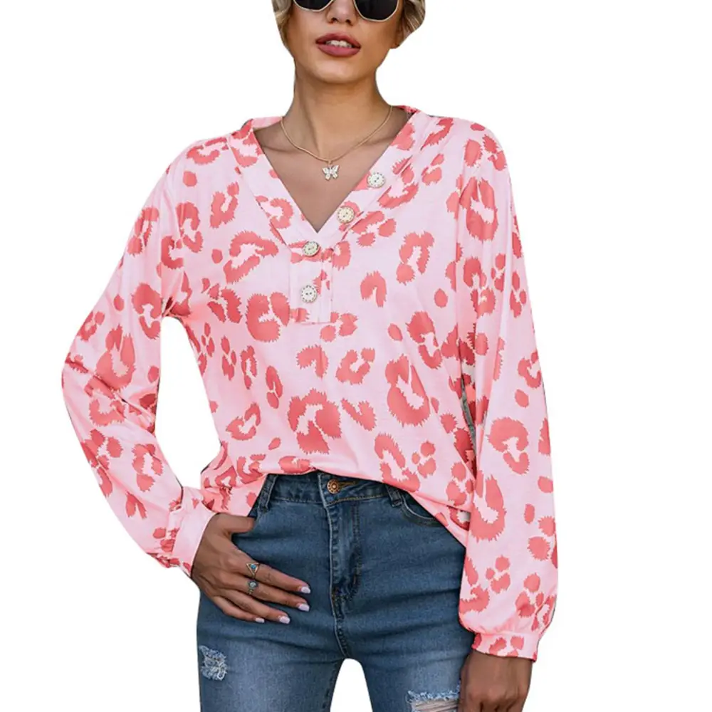 Women Shirt Long Sleeve Leopard Print V Neck Pullover Buttons Decoration Loose Elegant Women Top Pink XXL