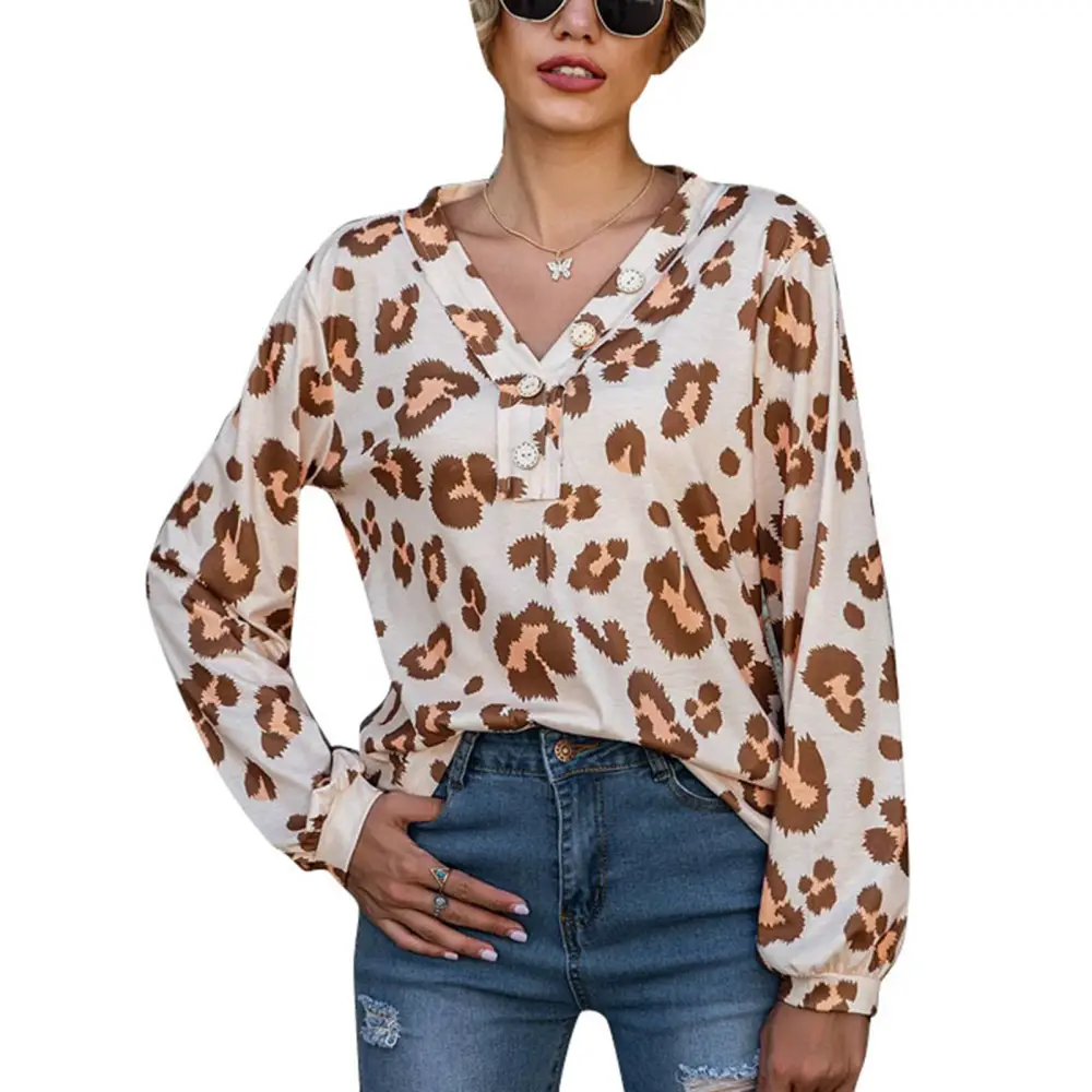 Women Shirt Long Sleeve Leopard Print V Neck Pullover Buttons Decoration Loose Elegant Women Top Brown S