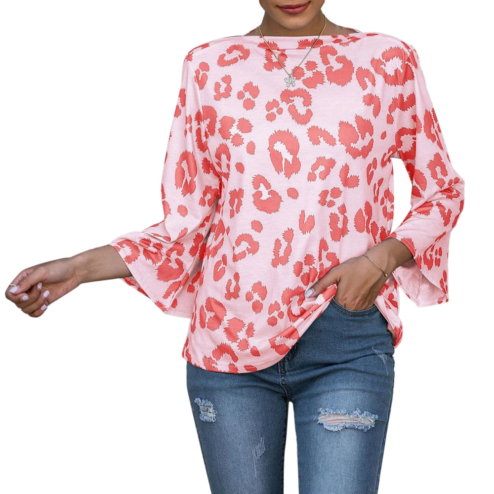 Bell Sleeve Blouse Casual Leopard Print Elegant Loose Fit Round Neck Loose Tops Blouses Pink L