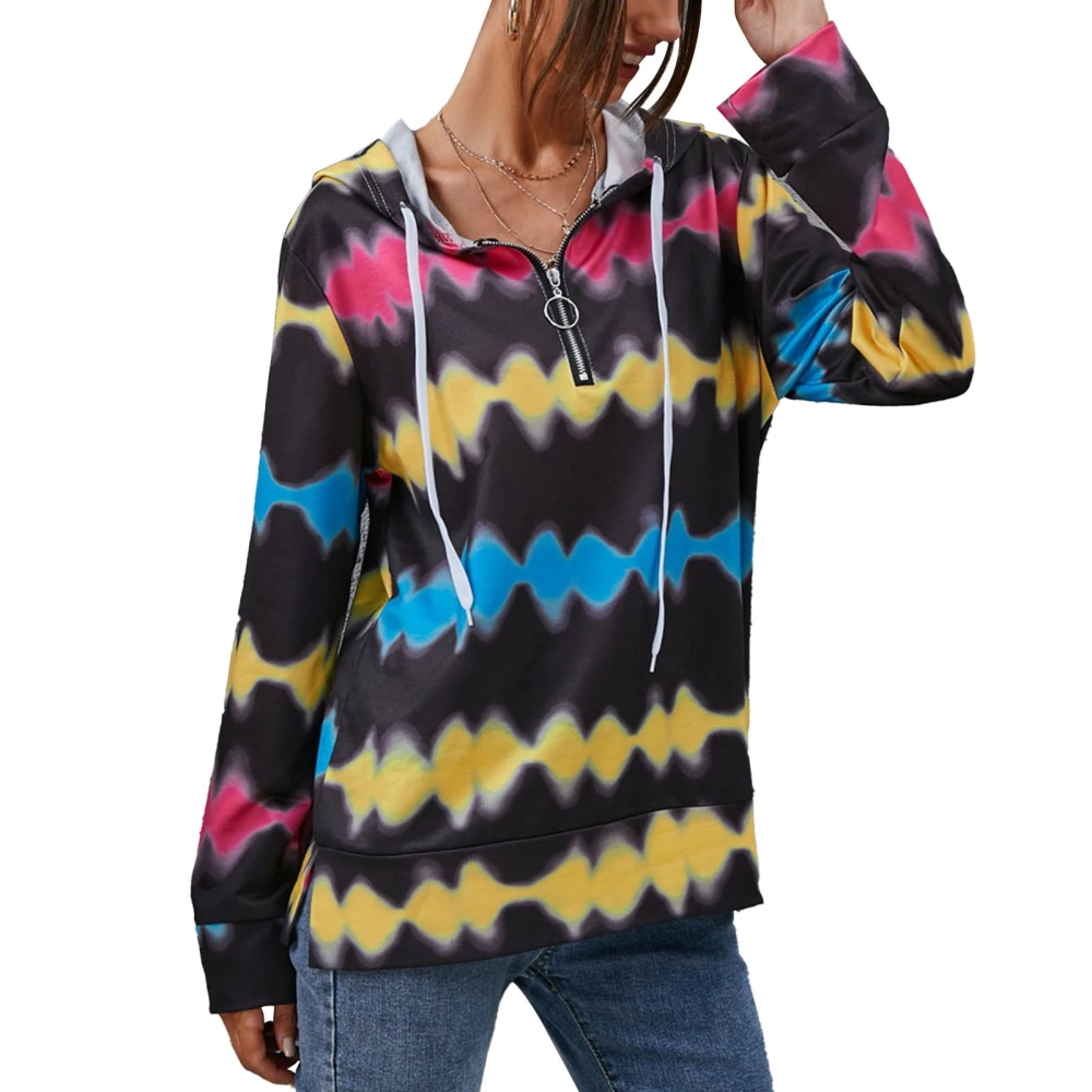 Women Hoodie Colour Wave Printing Drawstring Neckline Zipper Design Casual Hooded Hoodie Black L