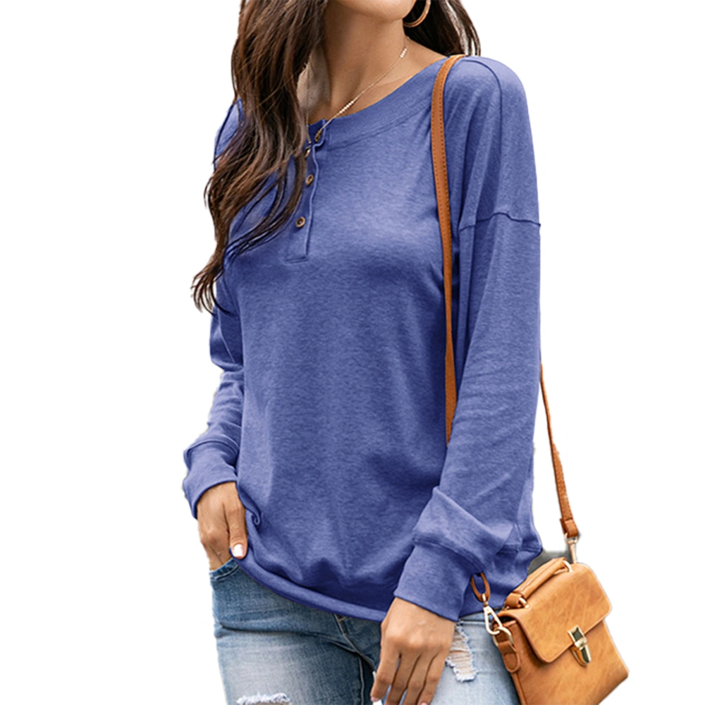 Women Pullover Button Round Neck Long Sleeve Loose Fit Pure Color Sweatshirt for Daily Work Date Blue S