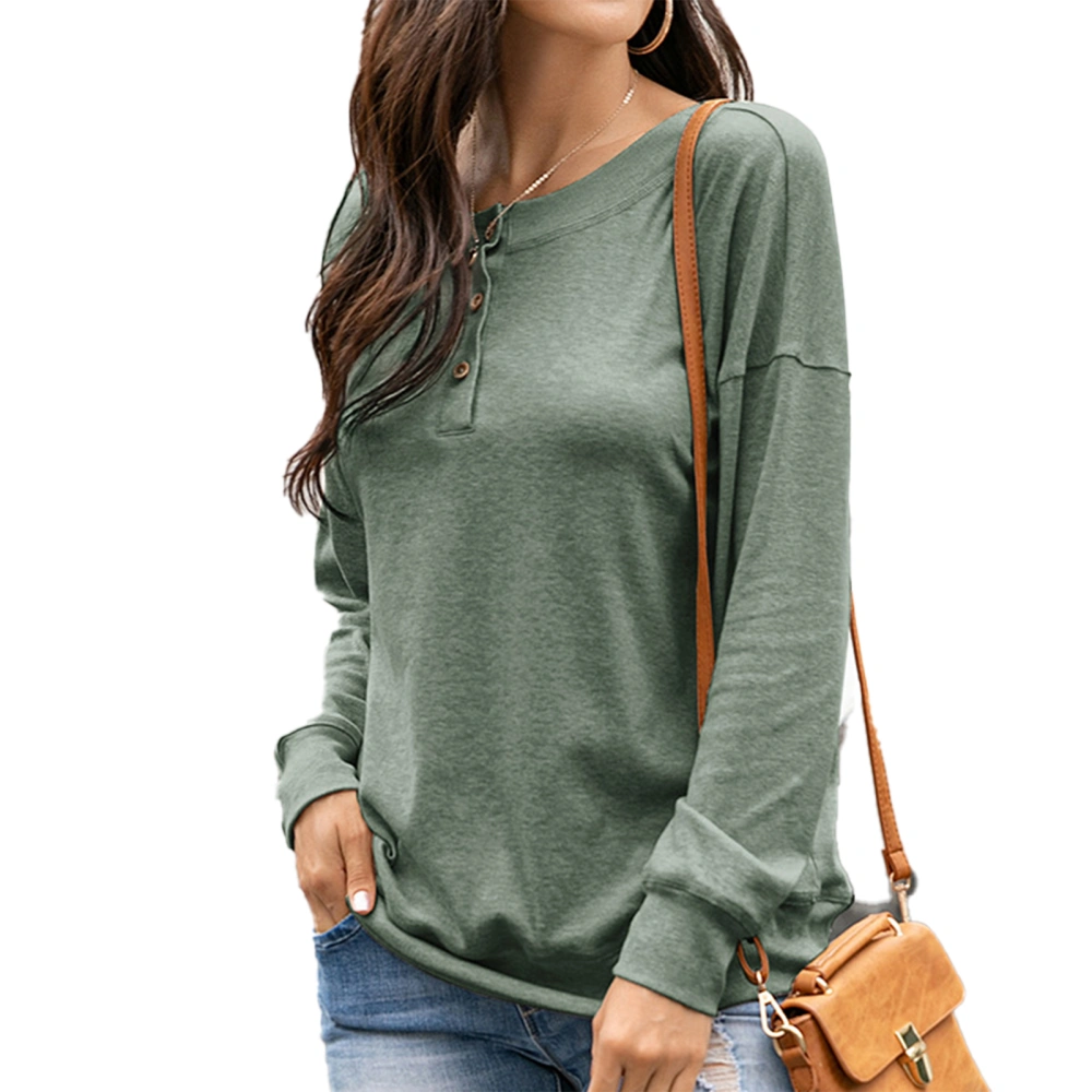 Women Pullover Button Round Neck Long Sleeve Loose Fit Pure Color Sweatshirt for Daily Work Date Green M