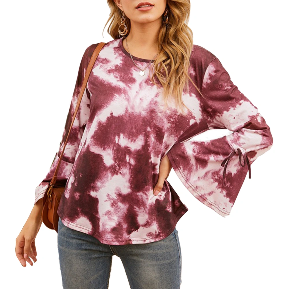 Women Tie Dye Print Crew Neck Top Long Mandarin Sleeve Bowknot Trim Casual for Date Work Daily Red M