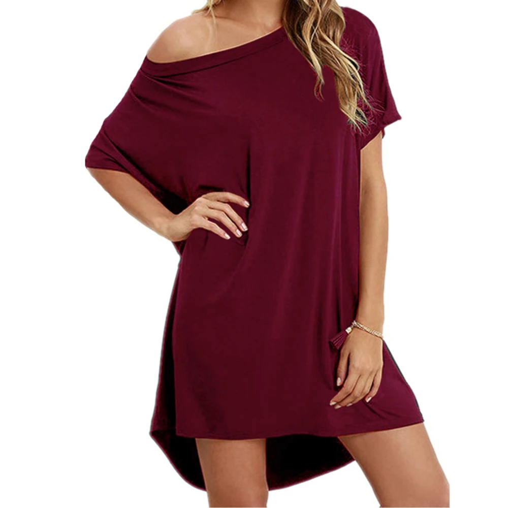 T Shirt Dress Scoop Neck Short Sleeve Soft Modal Loose Casual Vivid Color Plus Size Shirt Dress for Party Travel Wine Red XL