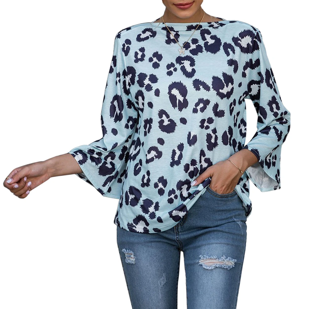 Bell Sleeve Blouse Casual Leopard Print Elegant Loose Fit Round Neck Loose Tops Blouses Blue S