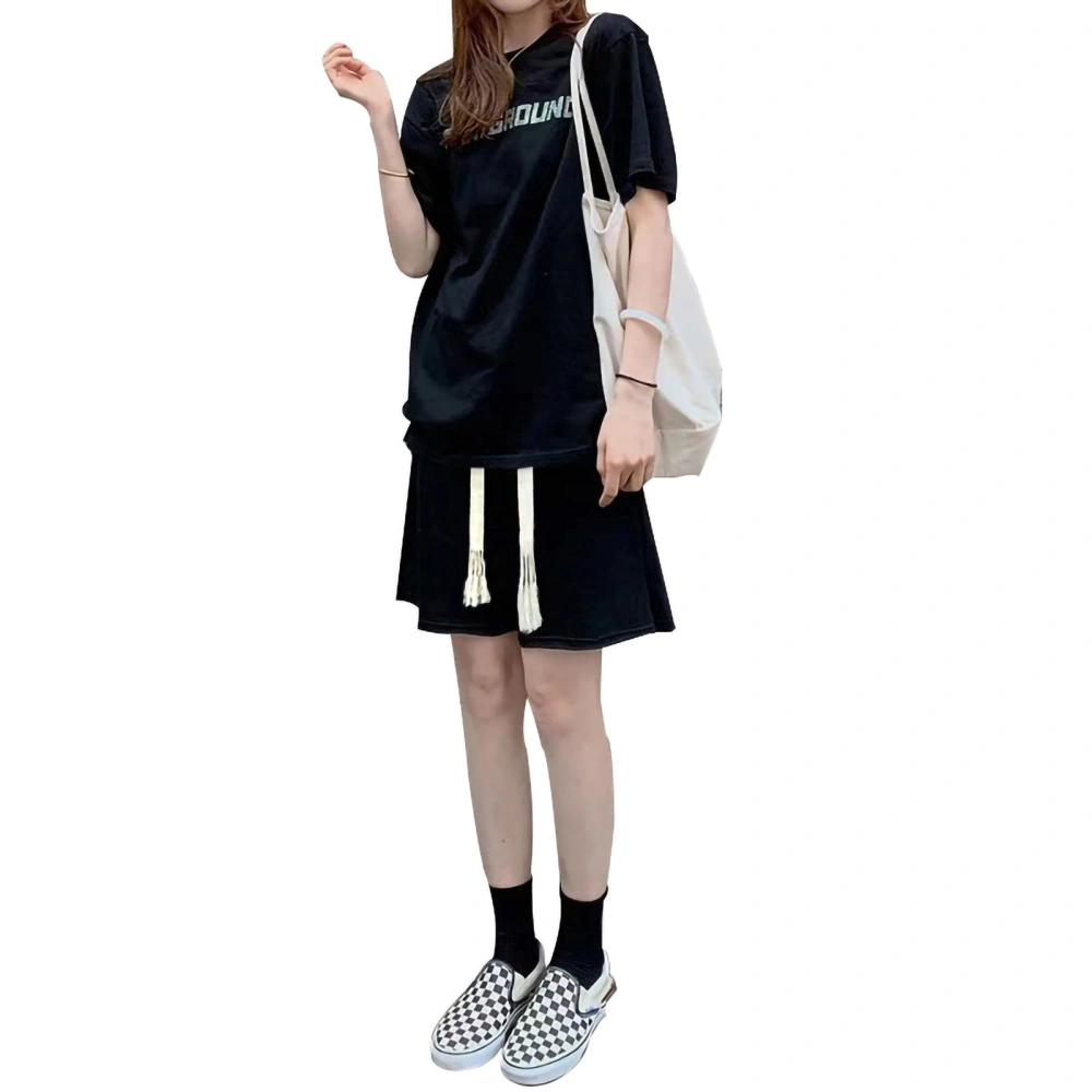 Women Fifth Sports Pants High Waist Drawstring Wide Legs Casual Style Summer Shorts Black L 53‑57.5kg / 116.8‑126.8lb