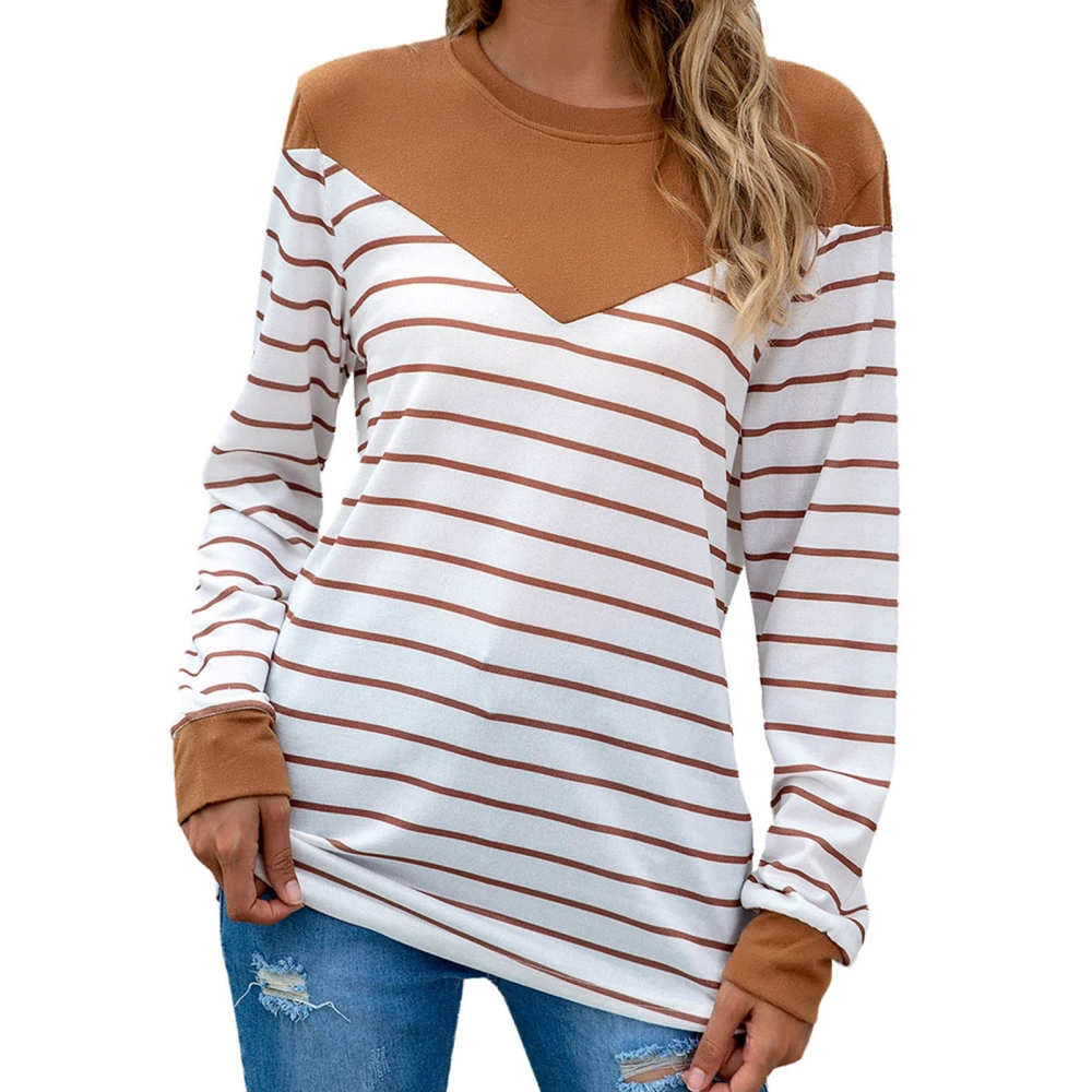 Women Crewneck Striped Long Sleeve Color Block Pullover Tops Sweatshirts Shirts Blouses for Home Office Khaki XXL