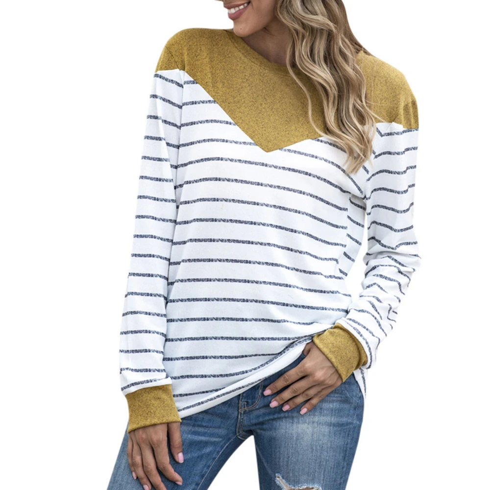 Women Crewneck Striped Long Sleeve Color Block Pullover Tops Sweatshirts Shirts Blouses for Home Office Yellow XL