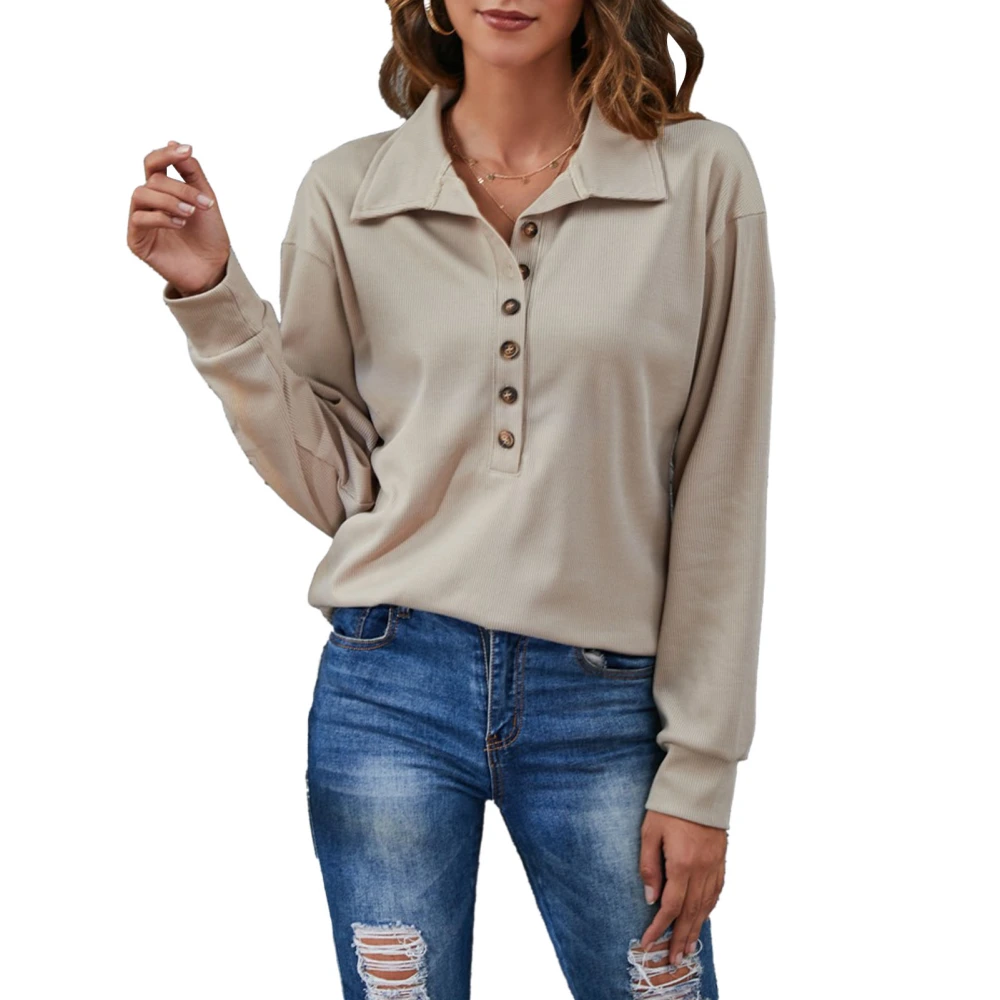 Blouse Long Sleeve Pure Color Lapel Collar Button Down Fashionable Casual Tops for Women Khaki XXL