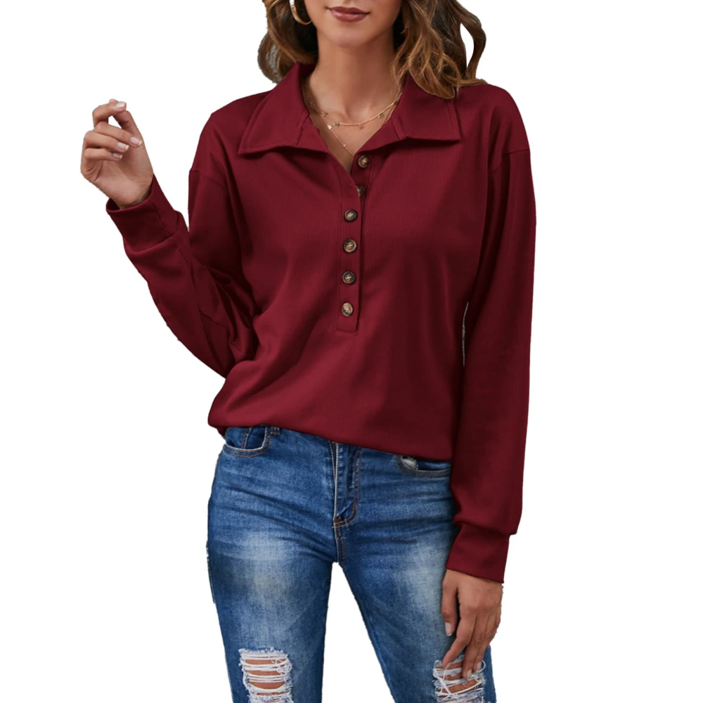 Blouse Long Sleeve Pure Color Lapel Collar Button Down Fashionable Casual Tops for Women Red S