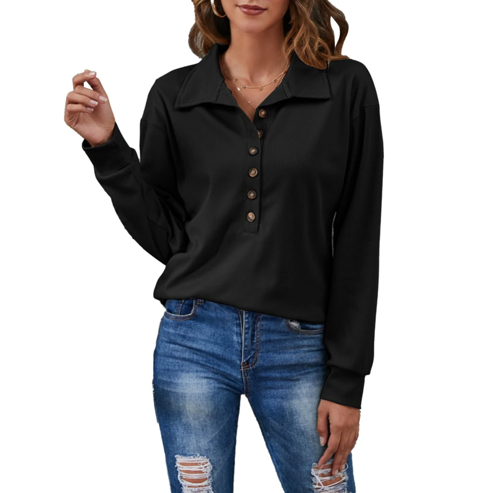 Blouse Long Sleeve Pure Color Lapel Collar Button Down Fashionable Casual Tops for Women Black M