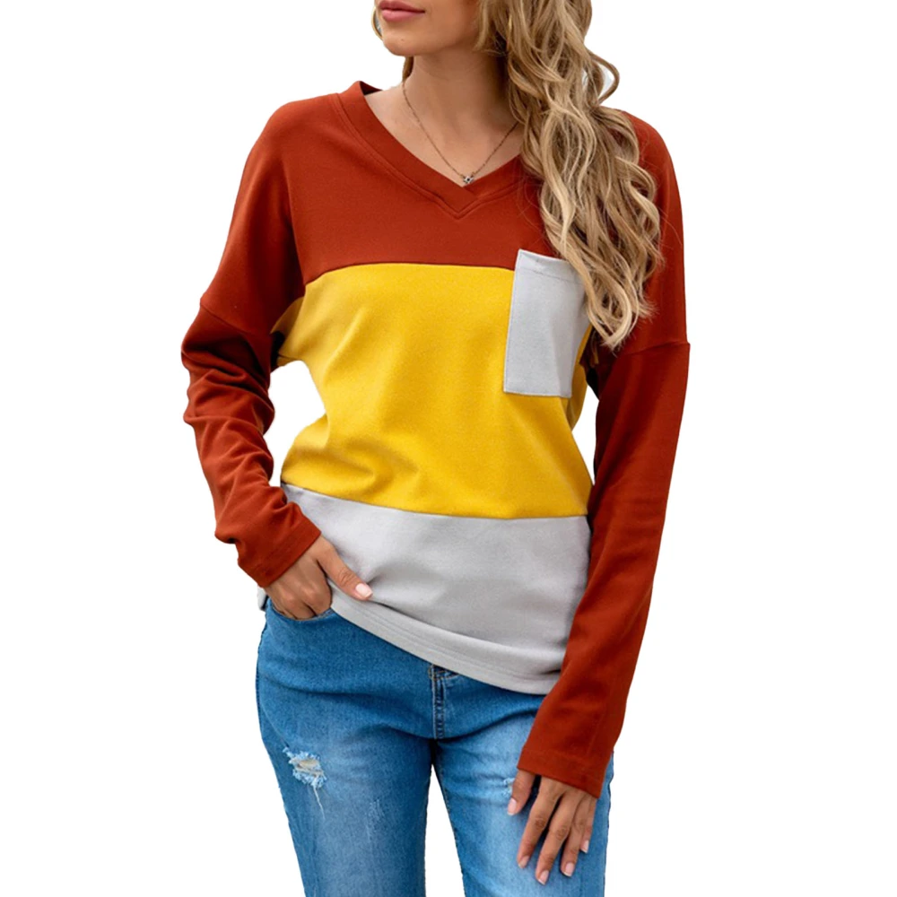 Women Sweatshirt Color Block V Neck Chest Pocket Fleece Lined Long Sleeve Top for Home Work Orange S