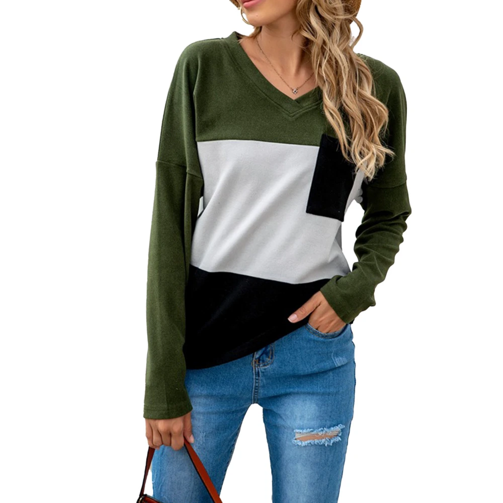 Women Sweatshirt Color Block V Neck Chest Pocket Fleece Lined Long Sleeve Top for Home Work OD Green S