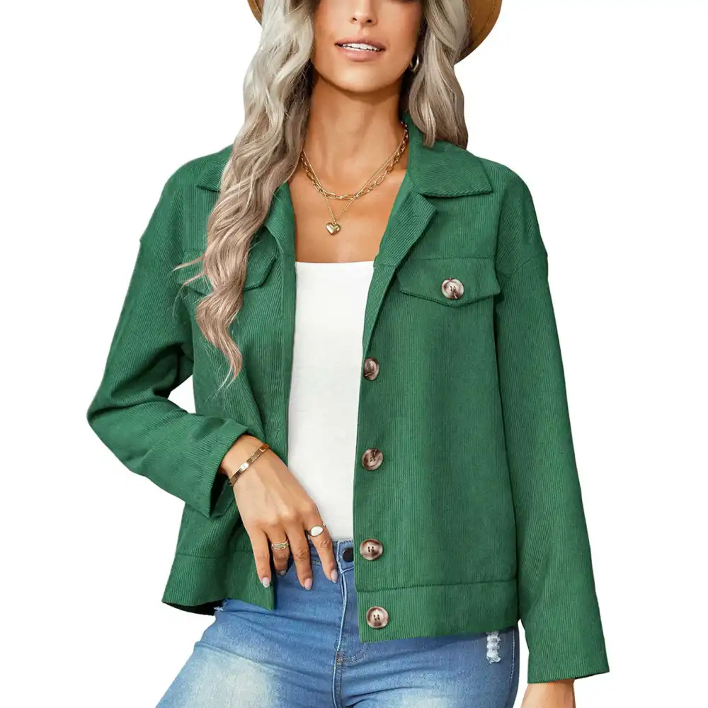 Women Jacket Long Sleeve Button Down Splicing Hem Slim Fit Corduroy Coat with False Pockets for Daily Work Dating Green XL