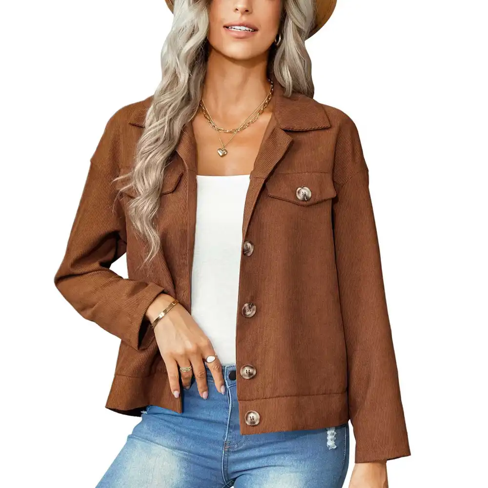 Women Jacket Long Sleeve Button Down Splicing Hem Slim Fit Corduroy Coat with False Pockets for Daily Work Dating Caramel Colour S