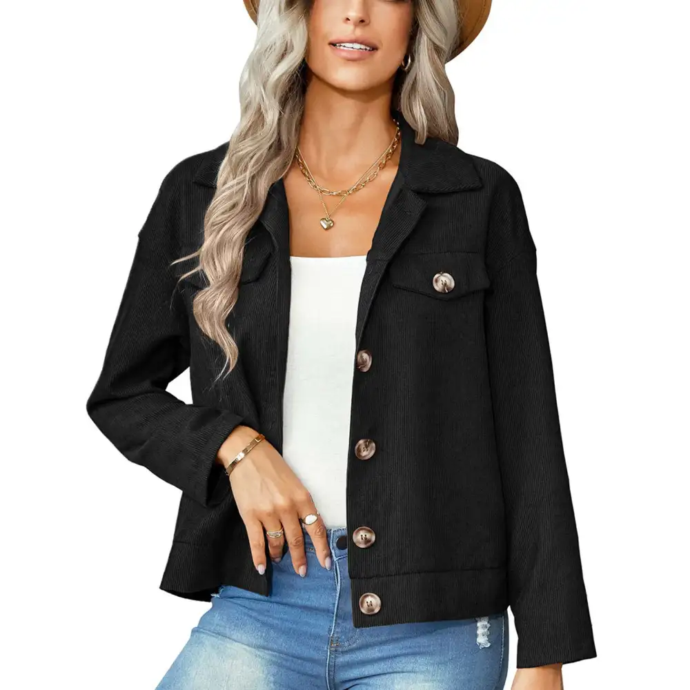 Women Jacket Long Sleeve Button Down Splicing Hem Slim Fit Corduroy Coat with False Pockets for Daily Work Dating Black M