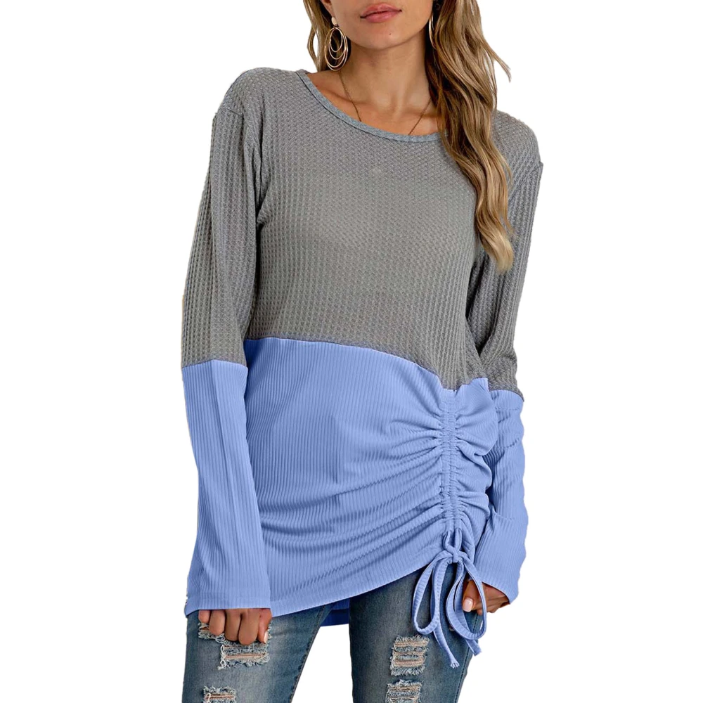 Womens Crewneck Sweater Hem Drawstring Colorblocking Crewneck Pullover Sweater Womens Casual Tops Blue XL