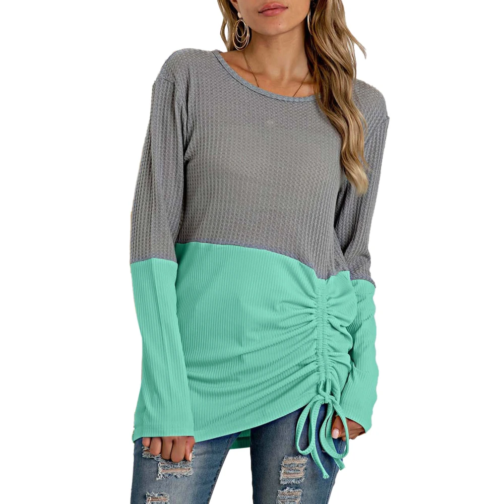 Womens Crewneck Sweater Hem Drawstring Colorblocking Crewneck Pullover Sweater Womens Casual Tops Green XL