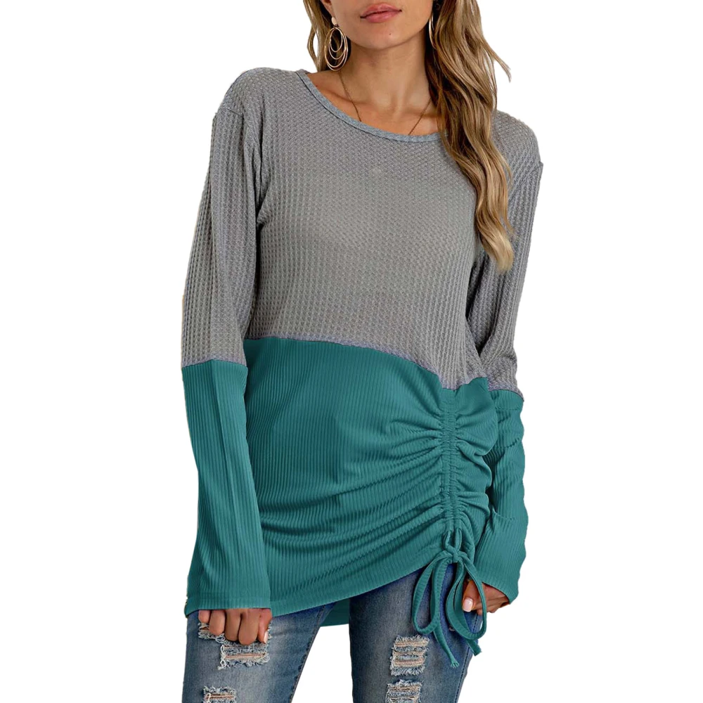 Womens Crewneck Sweater Hem Drawstring Colorblocking Crewneck Pullover Sweater Womens Casual Tops Blackish Green XXL