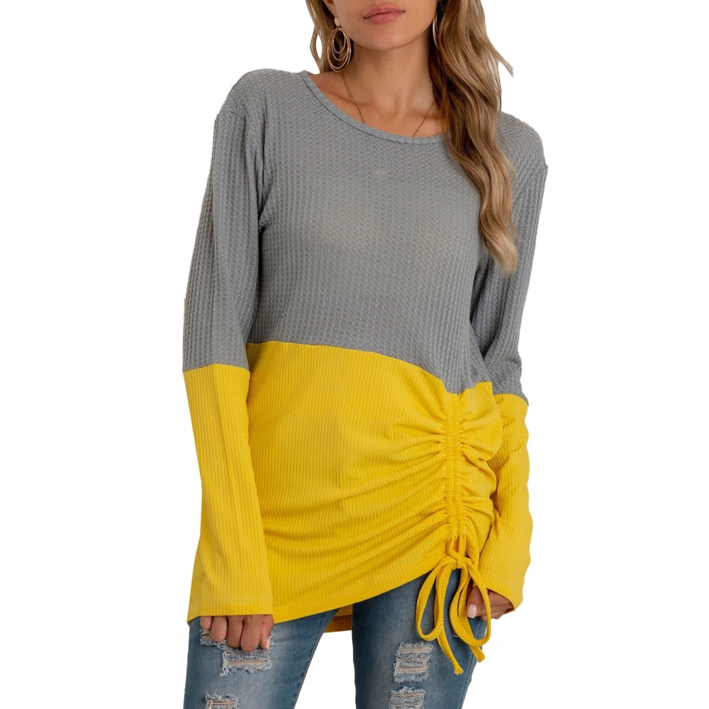 Womens Crewneck Sweater Hem Drawstring Colorblocking Crewneck Pullover Sweater Womens Casual Tops Yellow L