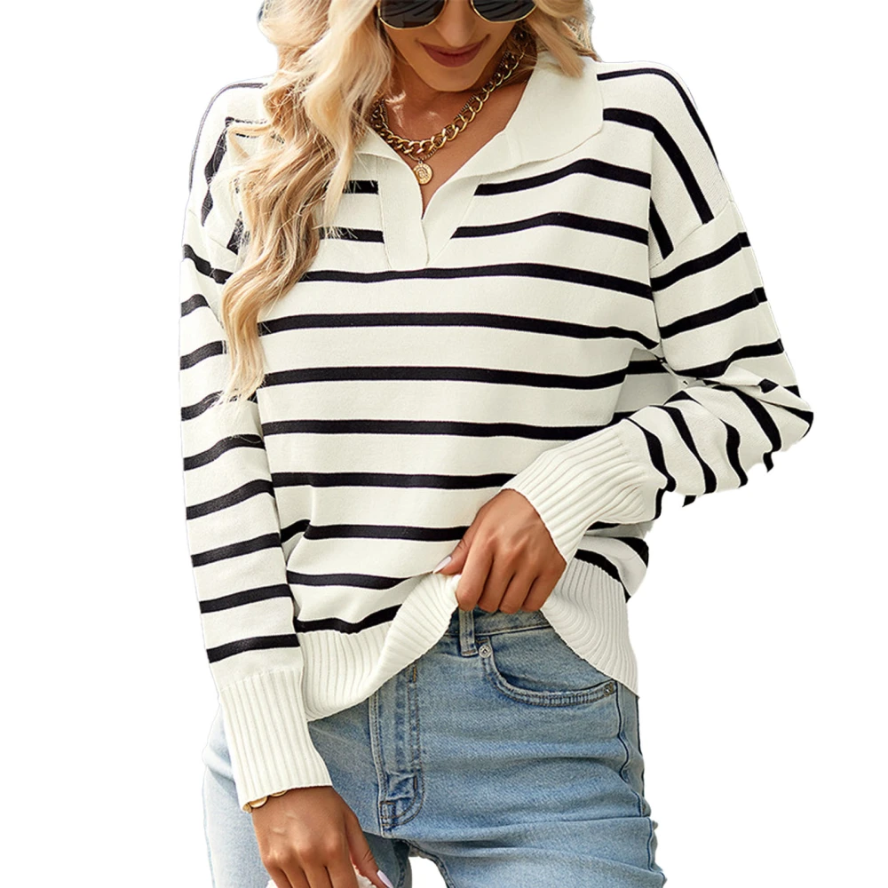 Women Long Sleeve Knitted Top Striped Print Casual Sweater Pullover Knitwear for Autumn Winter Black XL