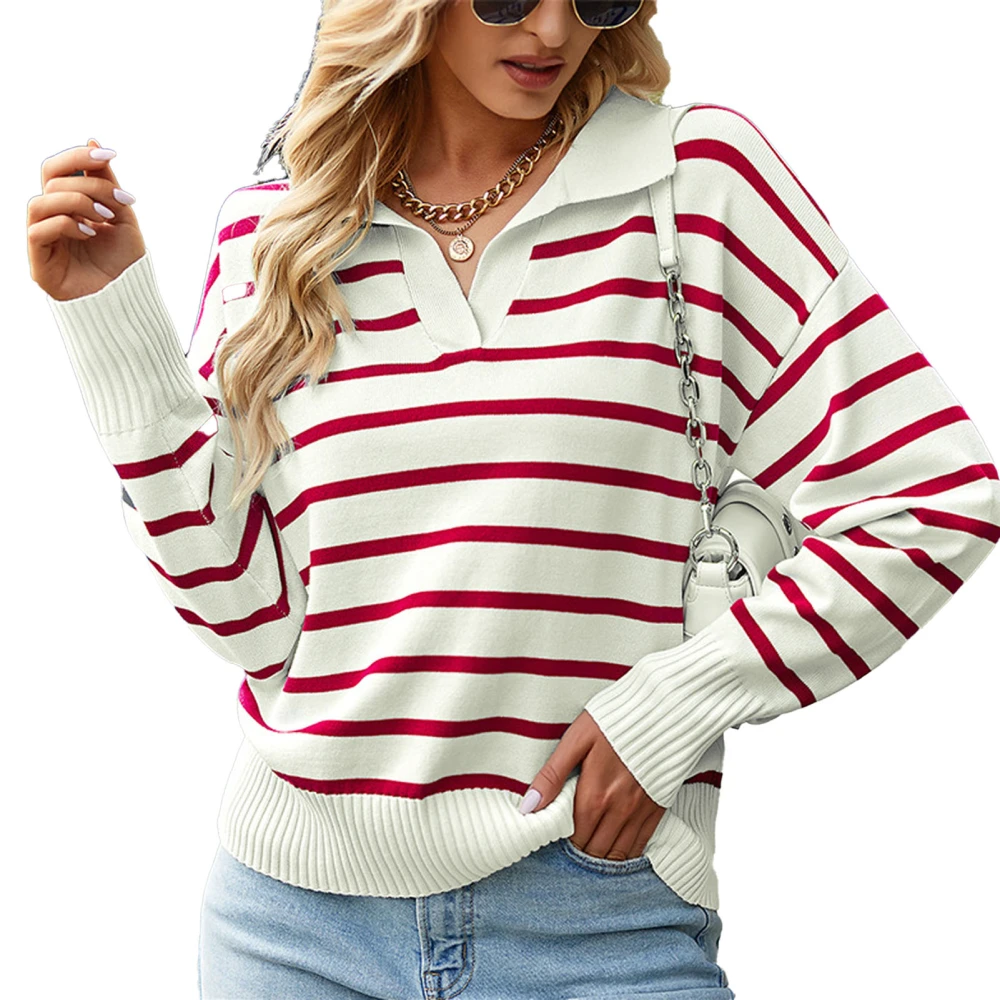 Women Long Sleeve Knitted Top Striped Print Casual Sweater Pullover Knitwear for Autumn Winter Wine Red M