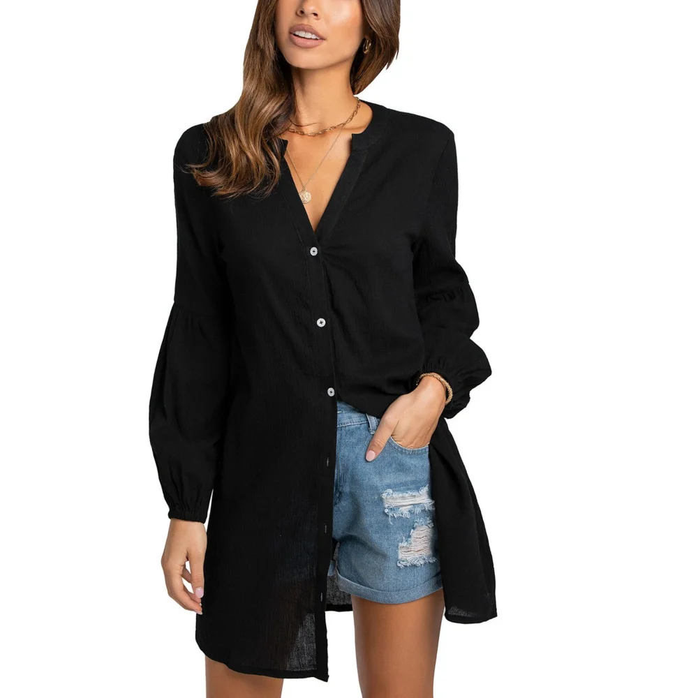 Women Mid Length Cardigan V Neck Long Stitching Lantern Sleeves Single Breasted Blouse Pure Color Shirt for Autumn Black S