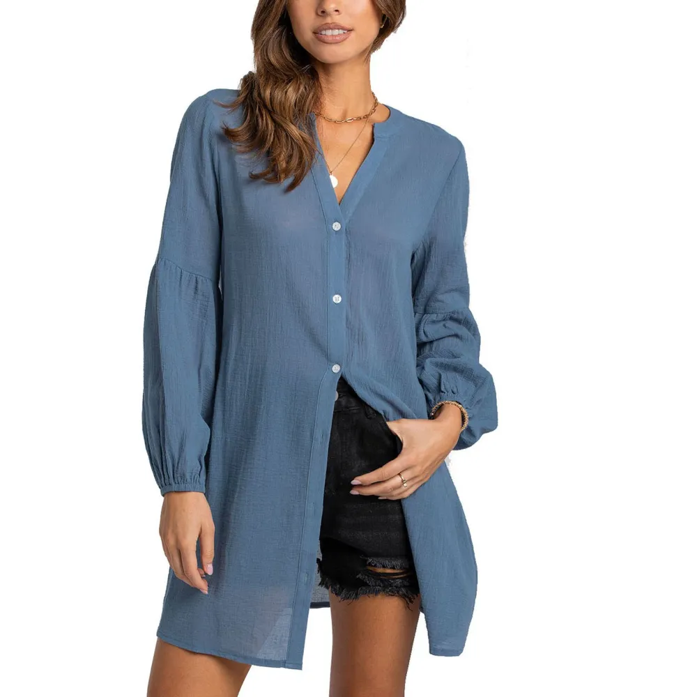 Women Mid Length Cardigan V Neck Long Stitching Lantern Sleeves Single Breasted Blouse Pure Color Shirt for Autumn Blue L