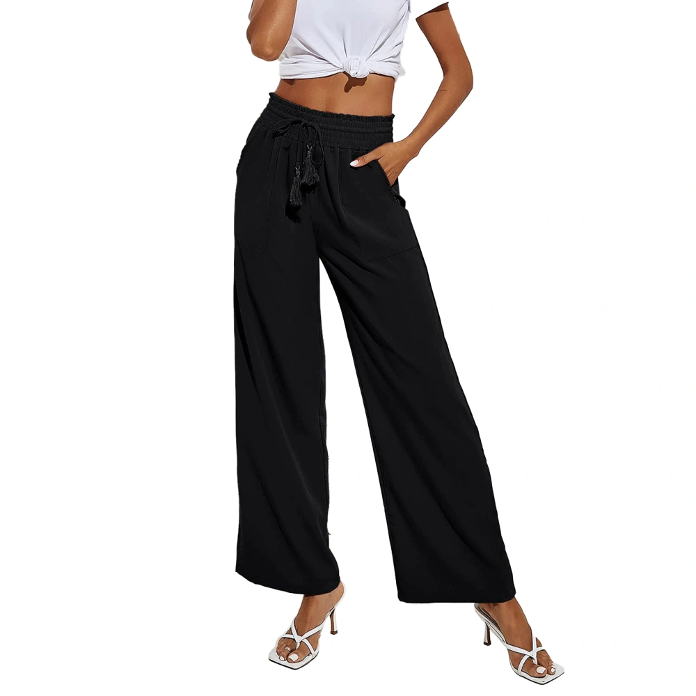 Woman Wide Leg Pants Drawstring High Waist Long Casual Trousers for Holidays Travel Beach Office Work Black XL