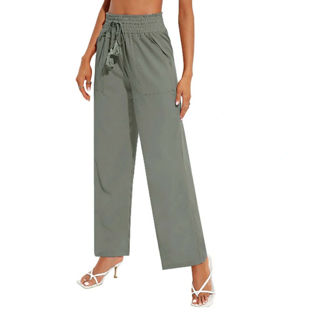 Woman Wide Leg Pants Drawstring High Waist Long Casual Trousers for Holidays Travel Beach Office Work Green S