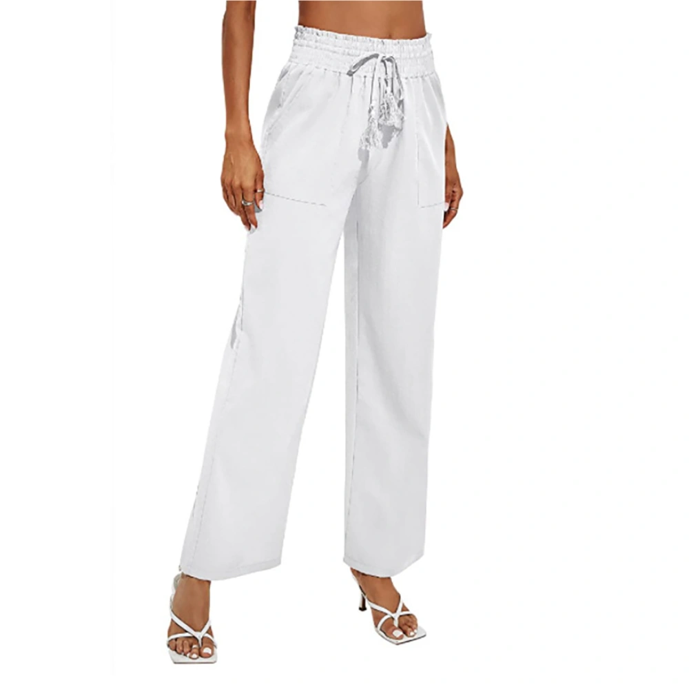 Woman Wide Leg Pants Drawstring High Waist Long Casual Trousers for Holidays Travel Beach Office Work White S