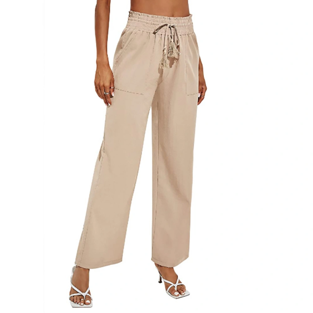 Woman Wide Leg Pants Drawstring High Waist Long Casual Trousers for Holidays Travel Beach Office Work Khaki M