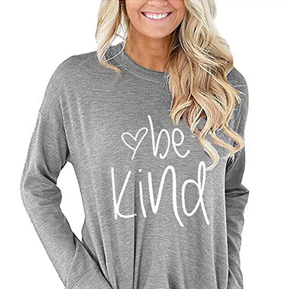 T Shirt Long Sleeve Round Collar Pocket Print Comfortable Casual Blouse for Women Light Gray L