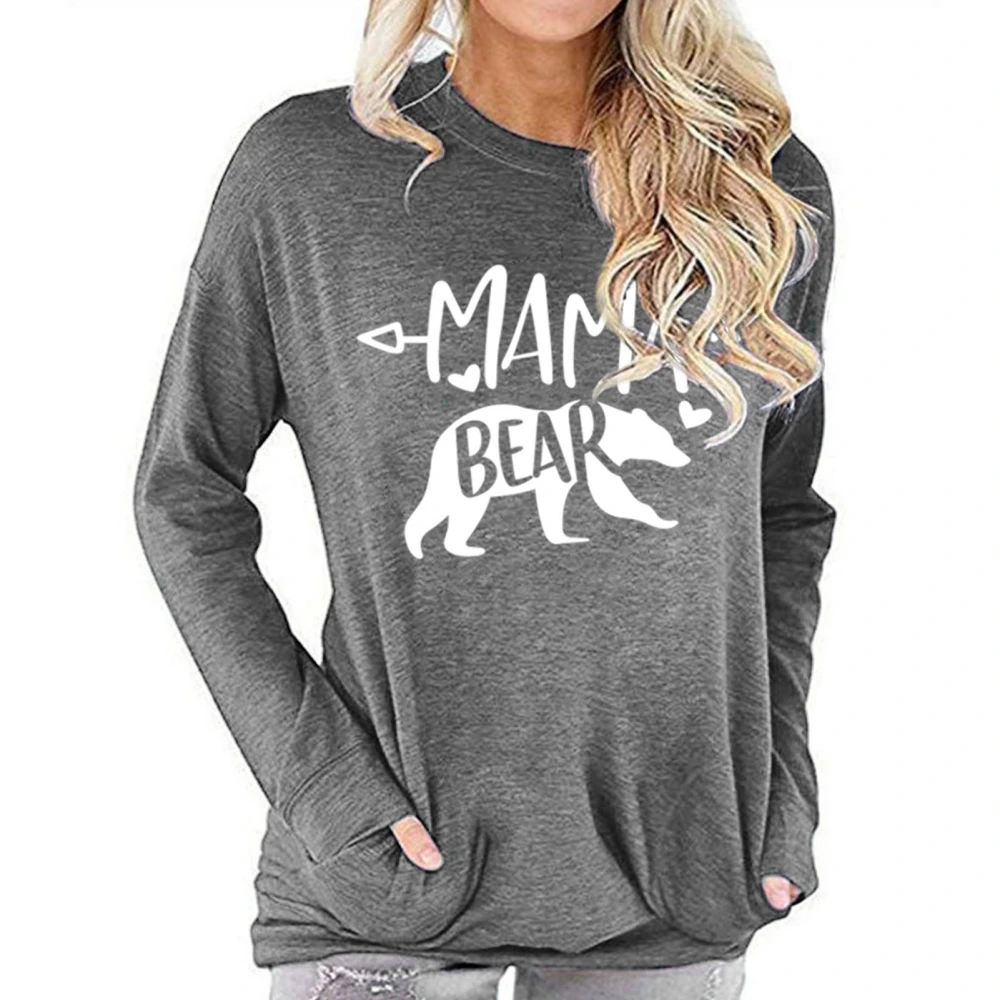 Women Pocket Sweatshirt Bear Print Round Neck Soft Comfortable Long Sleeve T Shirt for Daily Party Dating Light Gray S