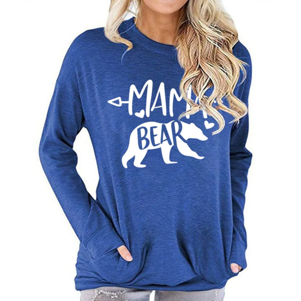 Women Pocket Sweatshirt Bear Print Round Neck Soft Comfortable Long Sleeve T Shirt for Daily Party Dating Blue XXL